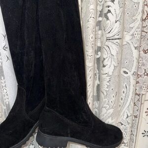 Boots Black Suede Knee-High Lug Sole Boots - Sleek Block Heel